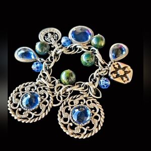 1950s Mid-Century Blue Glass Charm Bracelet - Filigree Victorian Revival